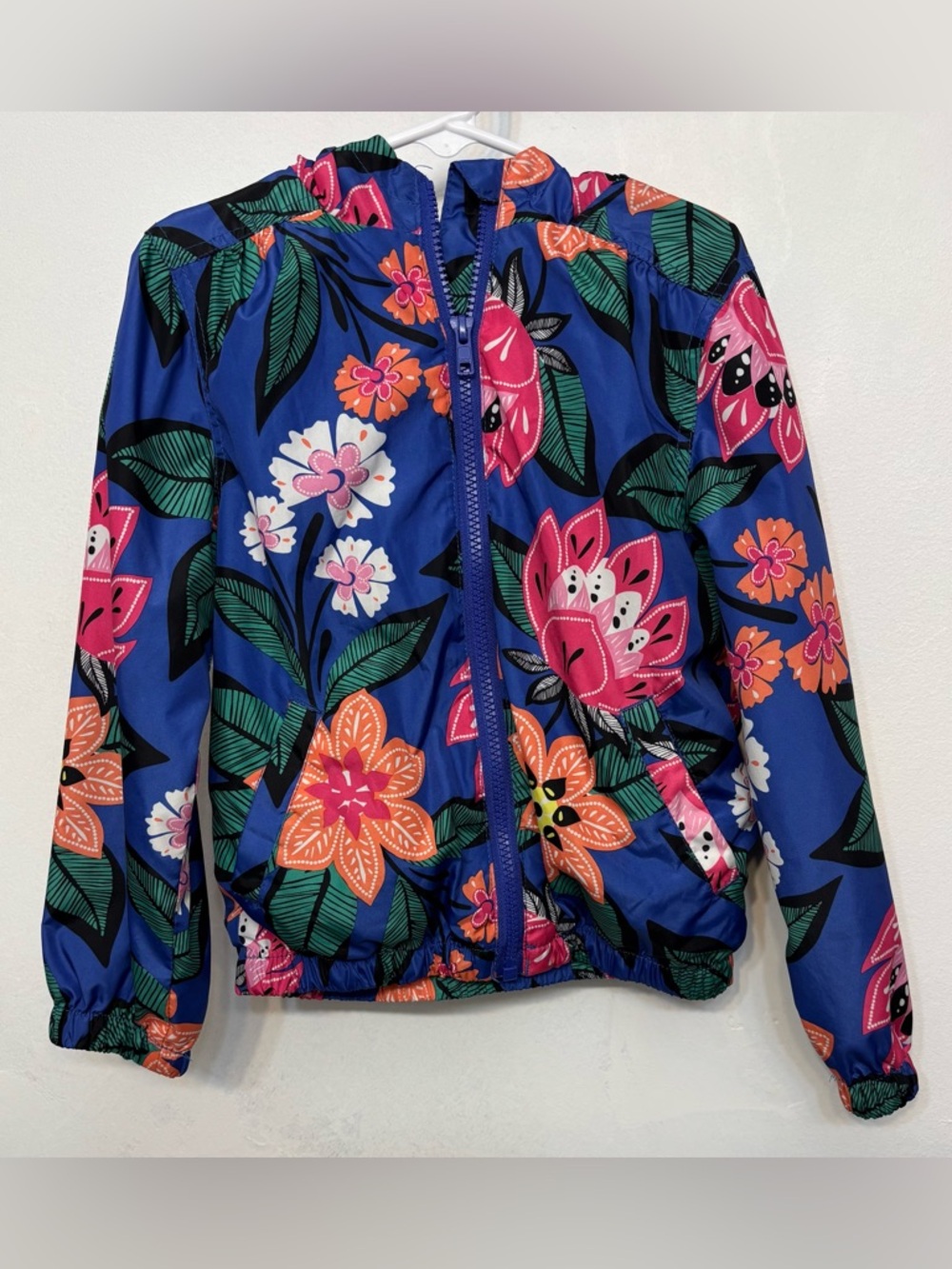 Gymboree Blue W/ Floral Design Hooded Windbreaker Raincoat Girls Size Small 5-6